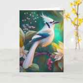 Witte getufte Blauwgroen vleugel Jay Fantasy Bird Kaart (Gele Bloem)