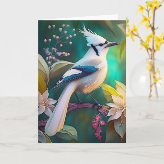 Witte getufte Blauwgroen vleugel Jay Fantasy Bird Kaart (Gele Bloem)