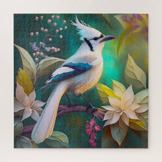 Witte getufte Blauwgroen vleugel Jay Fantasy Bird Legpuzzel (Verticaal)