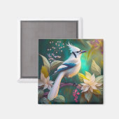 Witte getufte Blauwgroen vleugel Jay Fantasy Bird Magneet (Voorkant / Achterkant)