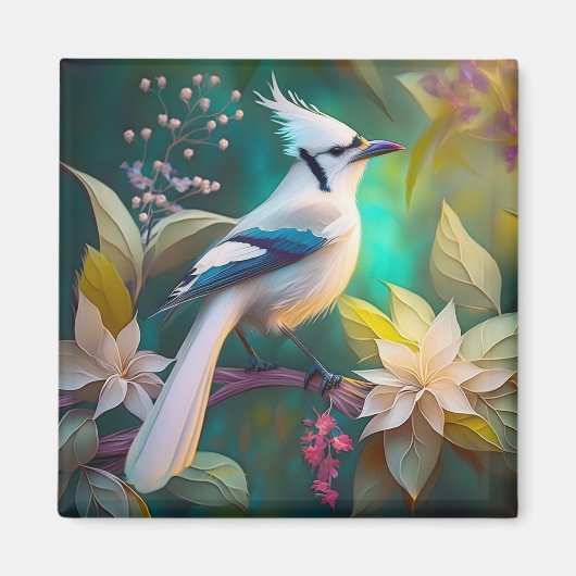 Witte getufte Blauwgroen vleugel Jay Fantasy Bird Magneet (Voorkant)
