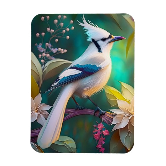 Witte getufte Blauwgroen vleugel Jay Fantasy Bird Magneet (Verticaal)