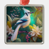 Witte getufte Blauwgroen vleugel Jay Fantasy Bird Metalen Ornament (Voorkant)