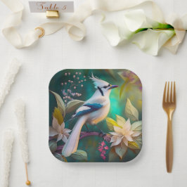 Witte getufte Blauwgroen vleugel Jay Fantasy Bird Papieren Bordje