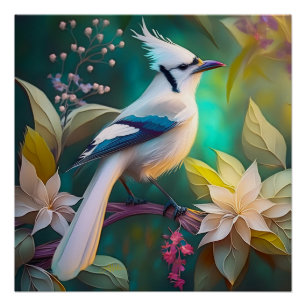 Witte getufte Blauwgroen vleugel Jay Fantasy Bird Perfect Poster