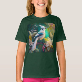 Witte getufte Blauwgroen vleugel Jay Fantasy Bird T-shirt
