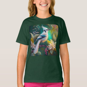 Witte getufte Blauwgroen vleugel Jay Fantasy Bird T-shirt