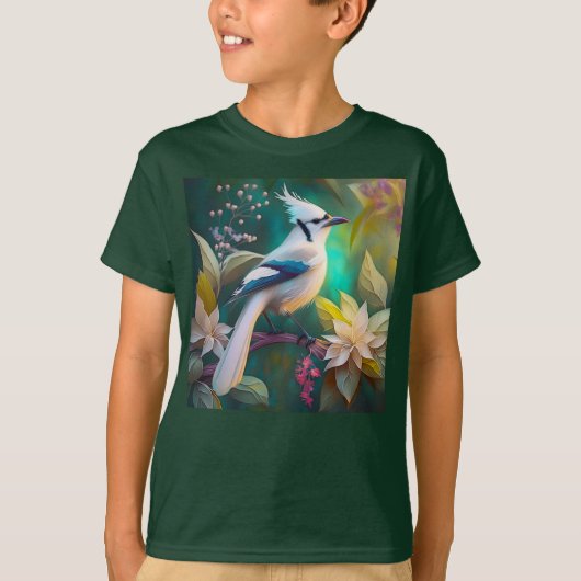 Witte getufte Blauwgroen vleugel Jay Fantasy Bird T-shirt (Voorkant)