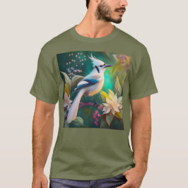 Witte getufte Blauwgroen vleugel Jay Fantasy Bird T-shirt