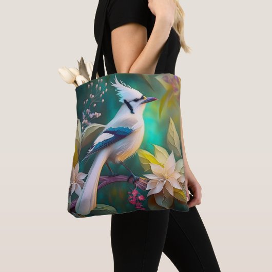 Witte getufte Blauwgroen vleugel Jay Fantasy Bird Tote Bag (Dichtbij)