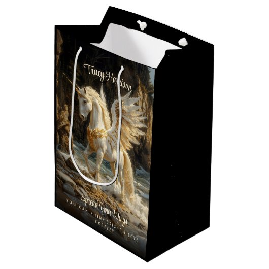 Witte Gevleugelde Eenhoorn Mythische Oceaan Fantas Medium Cadeauzakje (Voorkant Gekanteld)