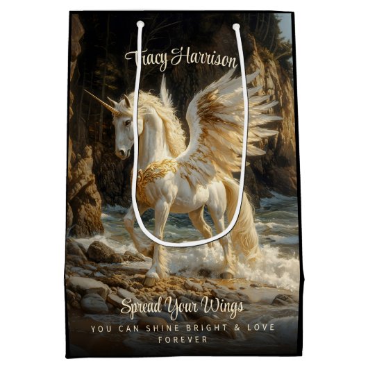 Witte Gevleugelde Eenhoorn Mythische Oceaan Fantas Medium Cadeauzakje (Achterkant)