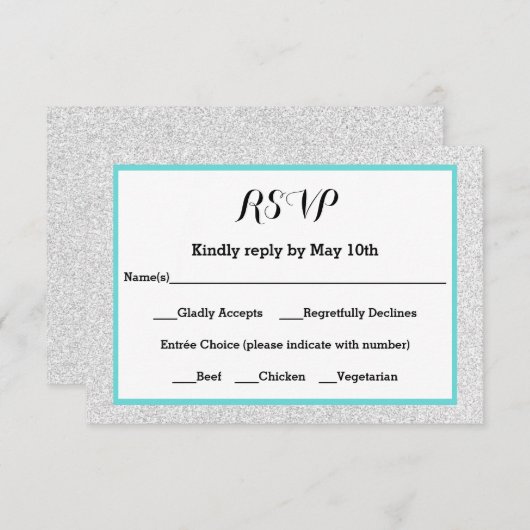 Witte Glitter en Blauwgroen Lijst- RSVP Response K (Voorkant / Achterkant)
