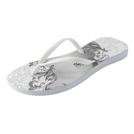 Witte glitter en grijs | Bruiloft Teenslippers (Schuin)
