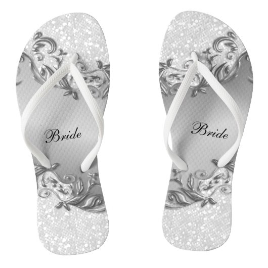 Witte glitter en grijs | Bruiloft Teenslippers (Voetbed)