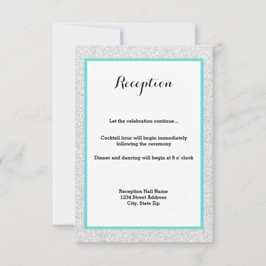 Witte Glitter en Teal Frame- Ontvangst Uitnodiging (Voorkant)
