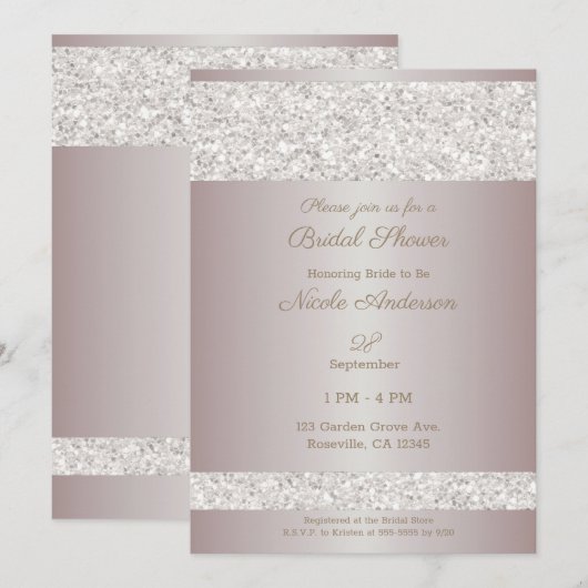Witte Glitter Glans Blush Roze Bruidsdouche Kaart (Voorkant / Achterkant)
