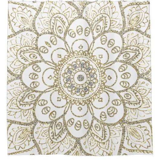 Witte Glitter & Gouden Bloemen Mandala Douchegordijn (Voorkant)