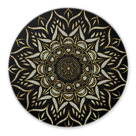 Witte glitter mandala harten zwarte achtergrond keramische knop (Voorkant)