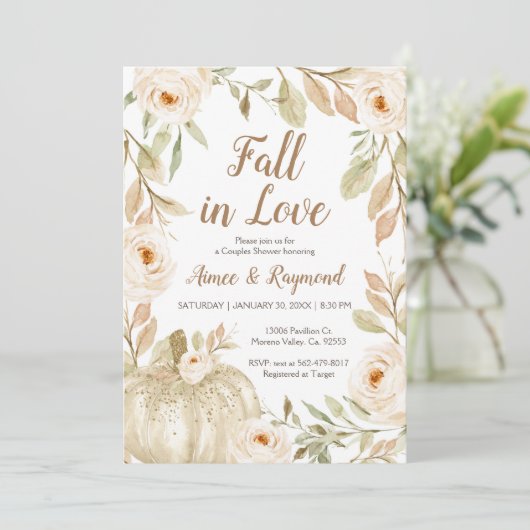 Witte glitter pompoen koppels douche kaart (Staand voorkant)