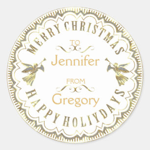 Witte & Glitter Typografische Kerstmis & Engelen Ronde Sticker
