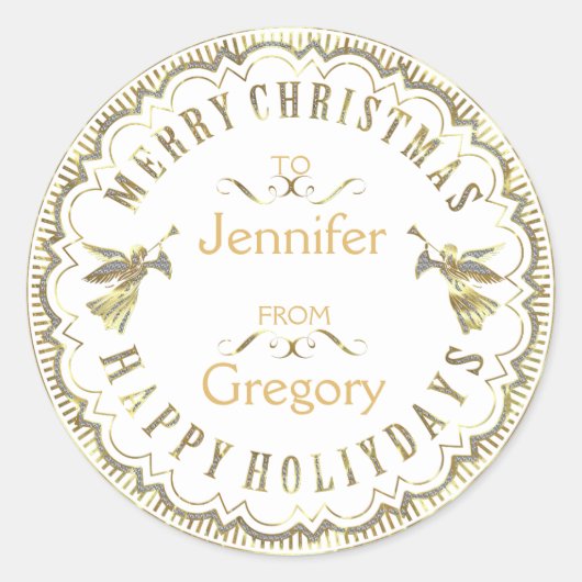 Witte & Glitter Typografische Kerstmis & Engelen Ronde Sticker (Voorkant)