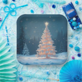 Witte gloeiende kerstboom in sneeuw papieren bordje (Feest)