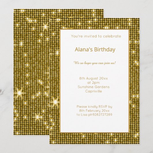 WITTE GOLD DiSCO METALLIC BIRTHDAY-INVITATIE Kaart (Voorkant / Achterkant)