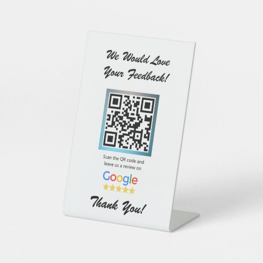Witte Google Review Counter Stand Sjabloon Reclamebord Met Voetstuk (Voorkant)