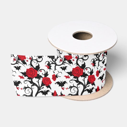 Witte Gotische Lint met Rode Rozen & Vleermuizen (Spoel)