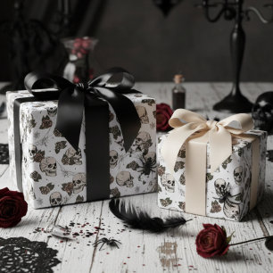 Witte gotische schedels en Rozen Bloemen Cadeaupapier