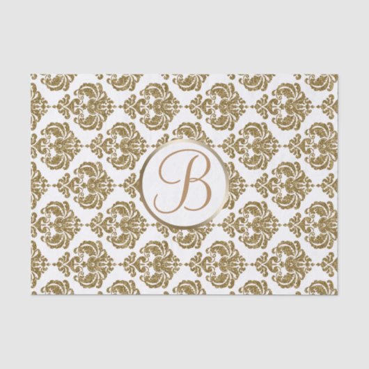Witte Goud Glam Damask Monogram Letter Initiaal Tissuepapier (Voorkant)