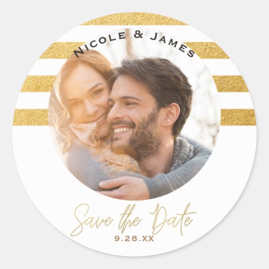 Witte Goud Glam Foto Moderne Opslag DATUM RESERVER Ronde Sticker (Voorkant)