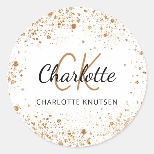 Witte goud glitter stof monogram initiaal naam ronde sticker (Voorkant)