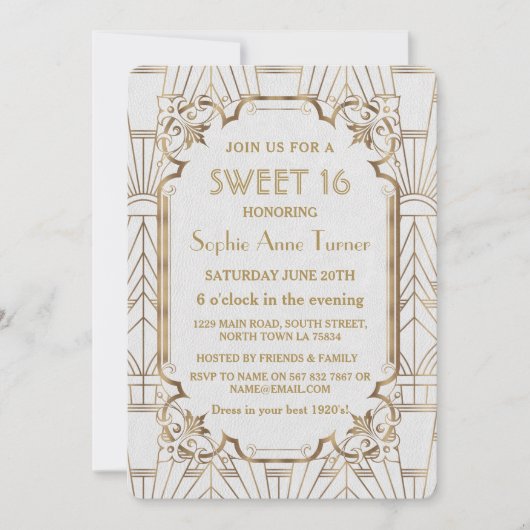 Witte Goud Great Gatsby Art Deco Sweet 16 Uitnodig Kaart (Voorkant)