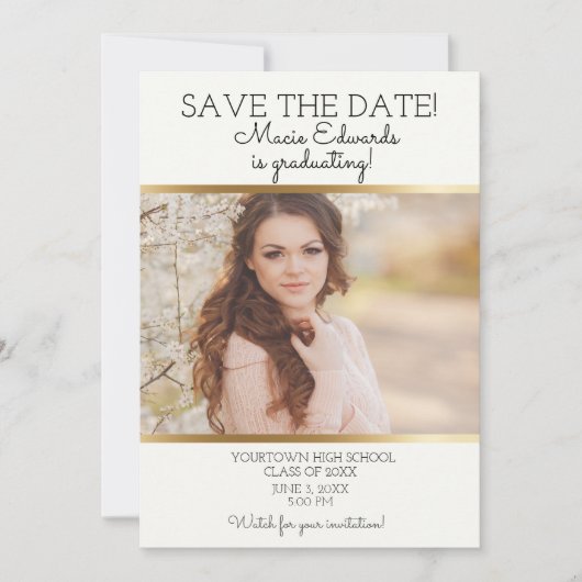 Witte Gouden Afstudeerfoto Bewaar Datum Save The Date (Voorkant)
