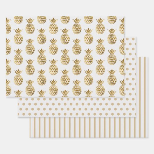 Witte gouden anananas Polka Dots Stripes Solid Inpakpapier Vel (Set)