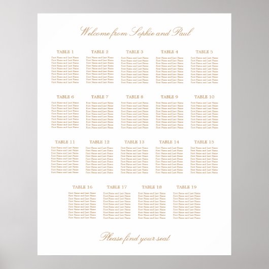 Witte Gouden Beige 19 Tafel Trouwstoelindeling Poster (Voorkant)