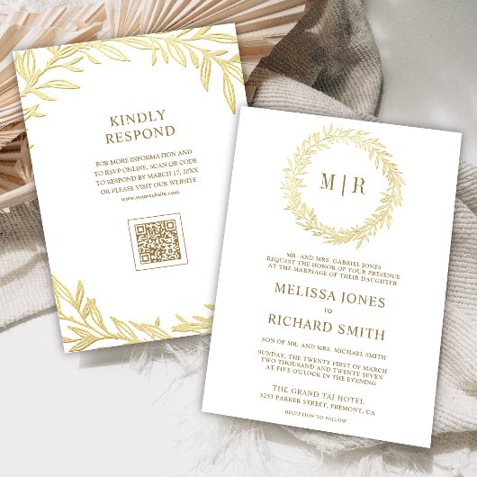 Witte Gouden Blad Tak QR Code Bruiloft Kaart