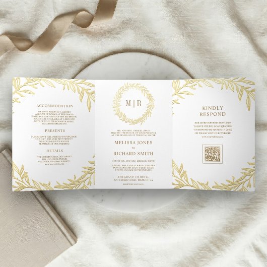 Witte Gouden Blad Tak QR Code Trouwen Drieluik Uitnodiging