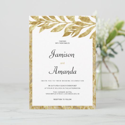 Witte gouden bladeren elegantie bloemenbruiloft kaart (Staand voorkant)