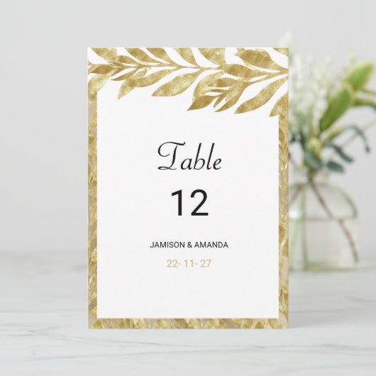 Witte gouden bladeren elegantie bloementabel numme kaart (Staand voorkant)