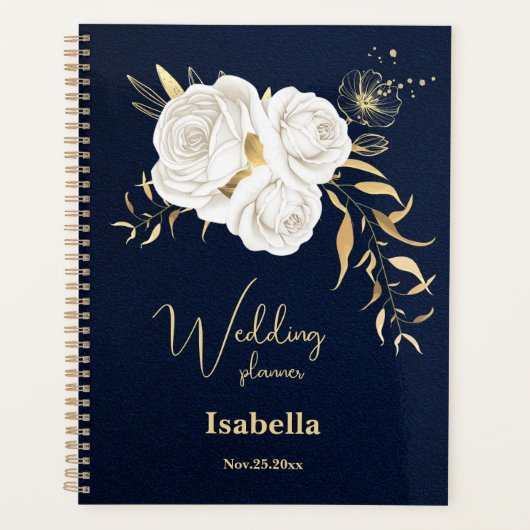 witte gouden bloem navyblauw bruiloft planner (Voorkant)