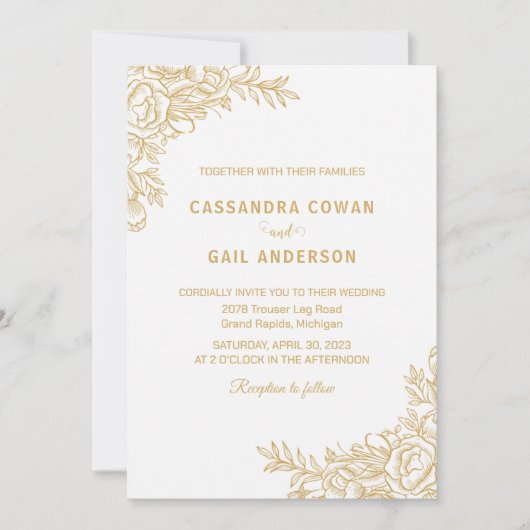 Witte Gouden Bloemen bruiloft uitnodiging (Voorkant)