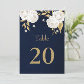 witte gouden bloemen donkerblauwe tafel nummer kaart (Staand voorkant)