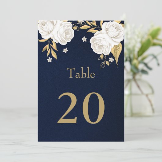 witte gouden bloemen donkerblauwe tafel nummer kaart (Staand voorkant)