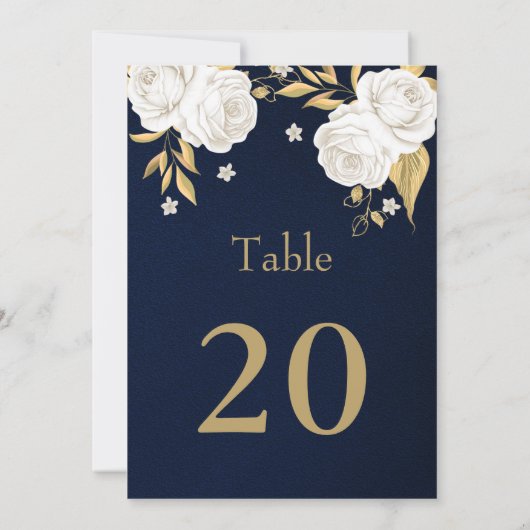 witte gouden bloemen donkerblauwe tafel nummer kaart (Achterkant)