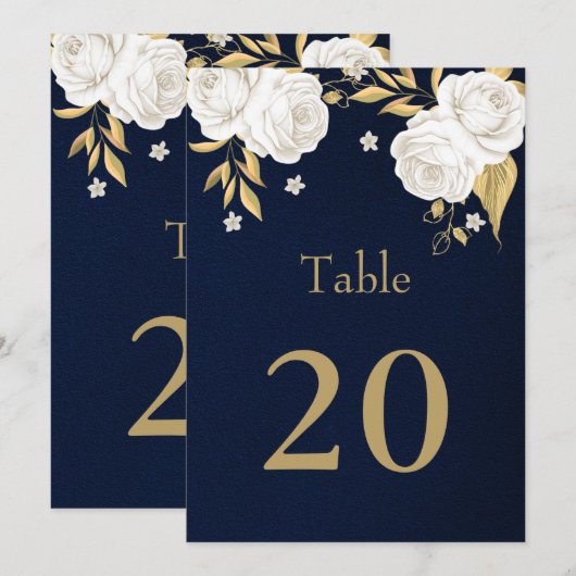 witte gouden bloemen donkerblauwe tafel nummer kaart (Voorkant / Achterkant)