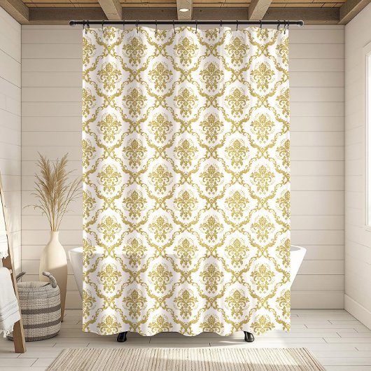 Witte & Gouden Bloemen Geometrische Damasks Douchegordijn