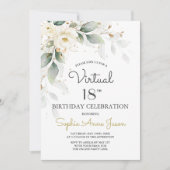Witte Gouden Bloemen Virtueel 18e Verjaardagsfeest Kaart (Voorkant)